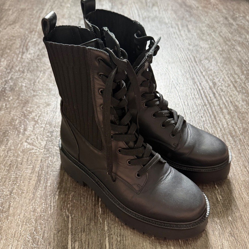 Sam Edelman Combat Boots Women 7.5 Black Leather Platform Lug Sole Ribbed Knit